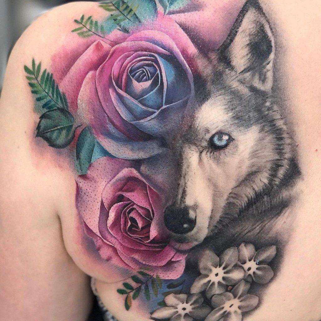 Эскиз волк с цветами