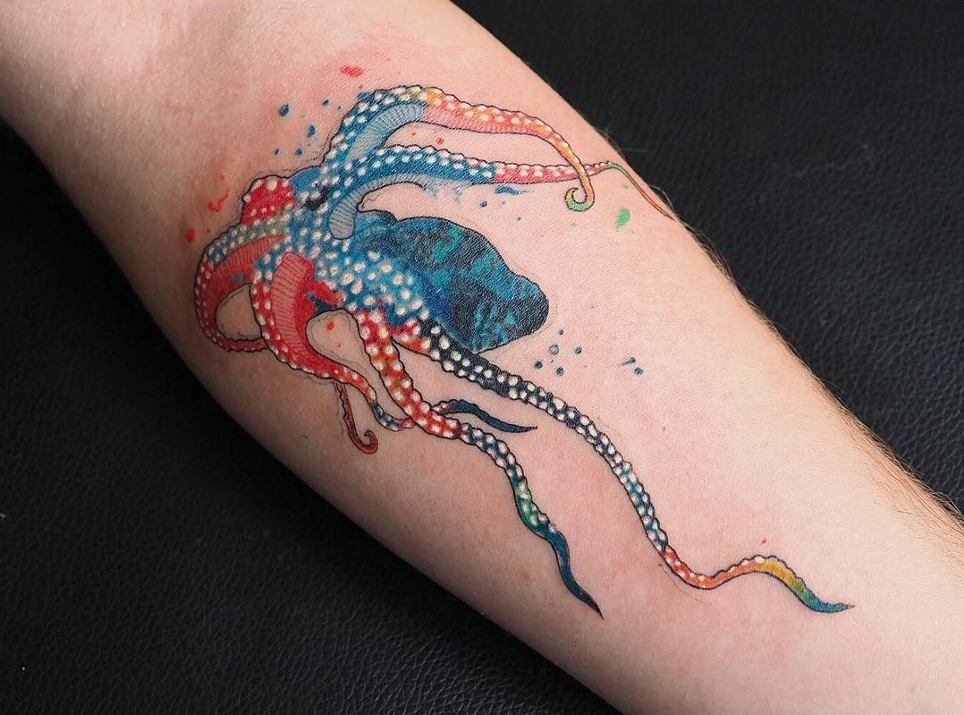 Акварельный осьминог тату